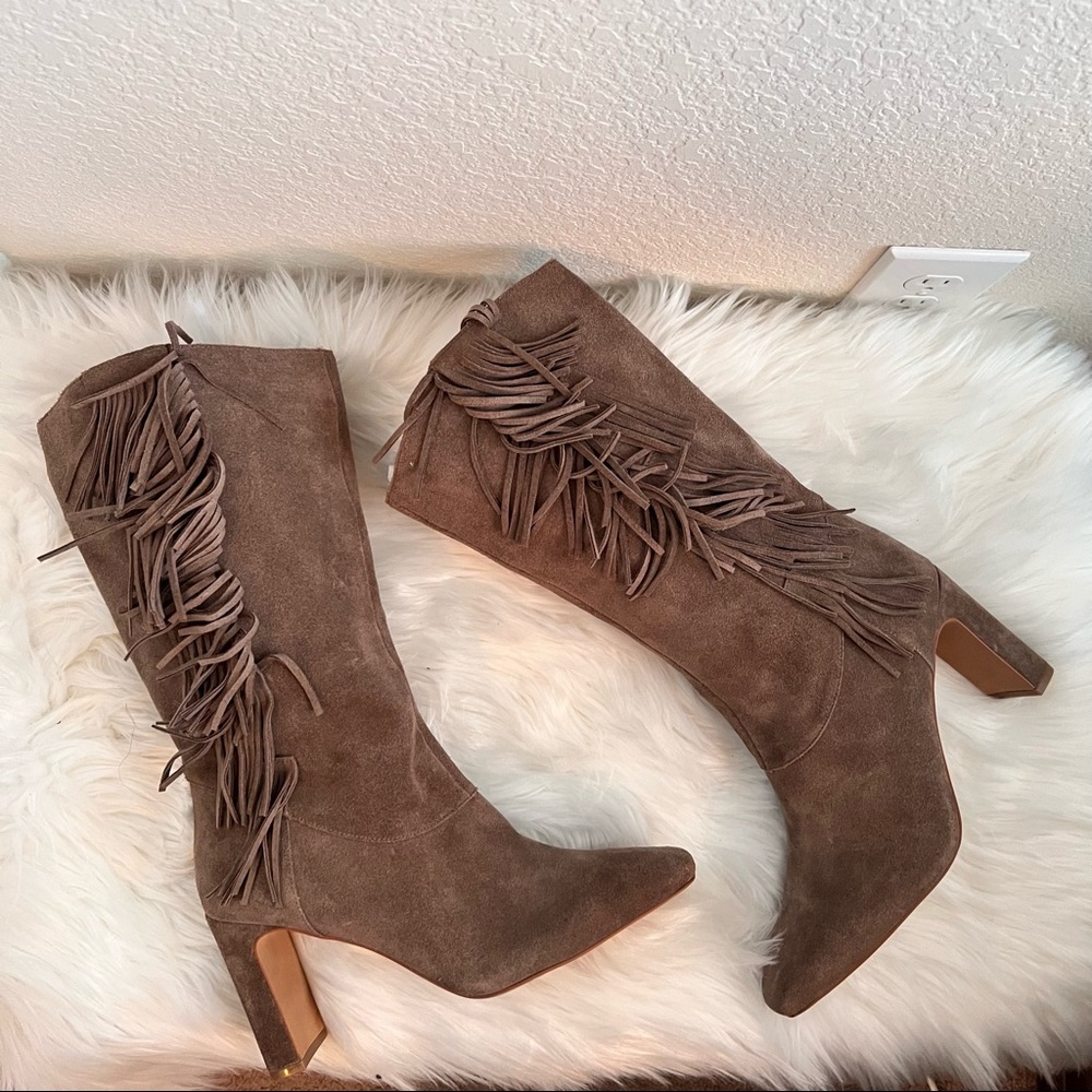 Vince Camuto Sterla Fringe Mid Calf Brown Suede Boots.  NWOB